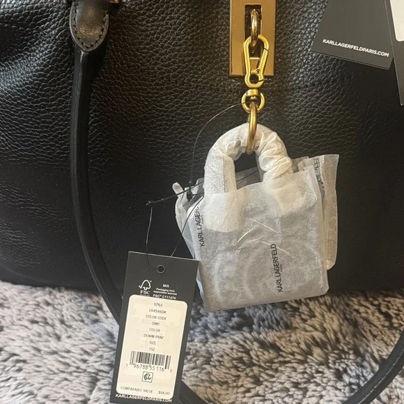 Karl Lagerfeld Black Leather Tote with Gold-Tone Accent With Added Charm & Dusty - Picture 3 of 16